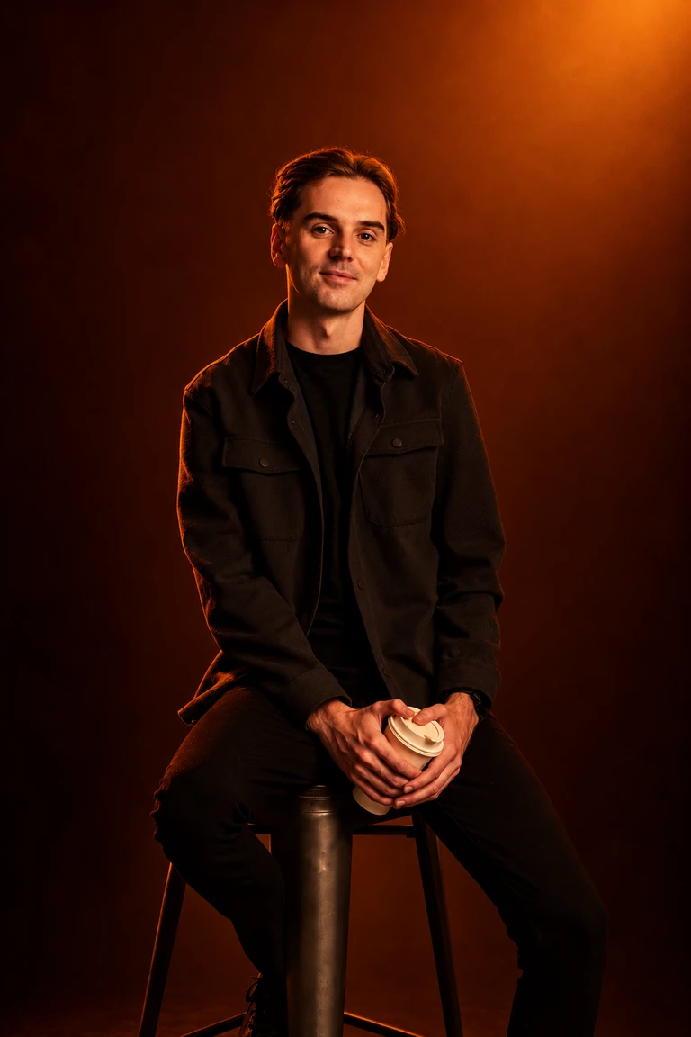 Portrait of Aaron seated against a warm orange background
