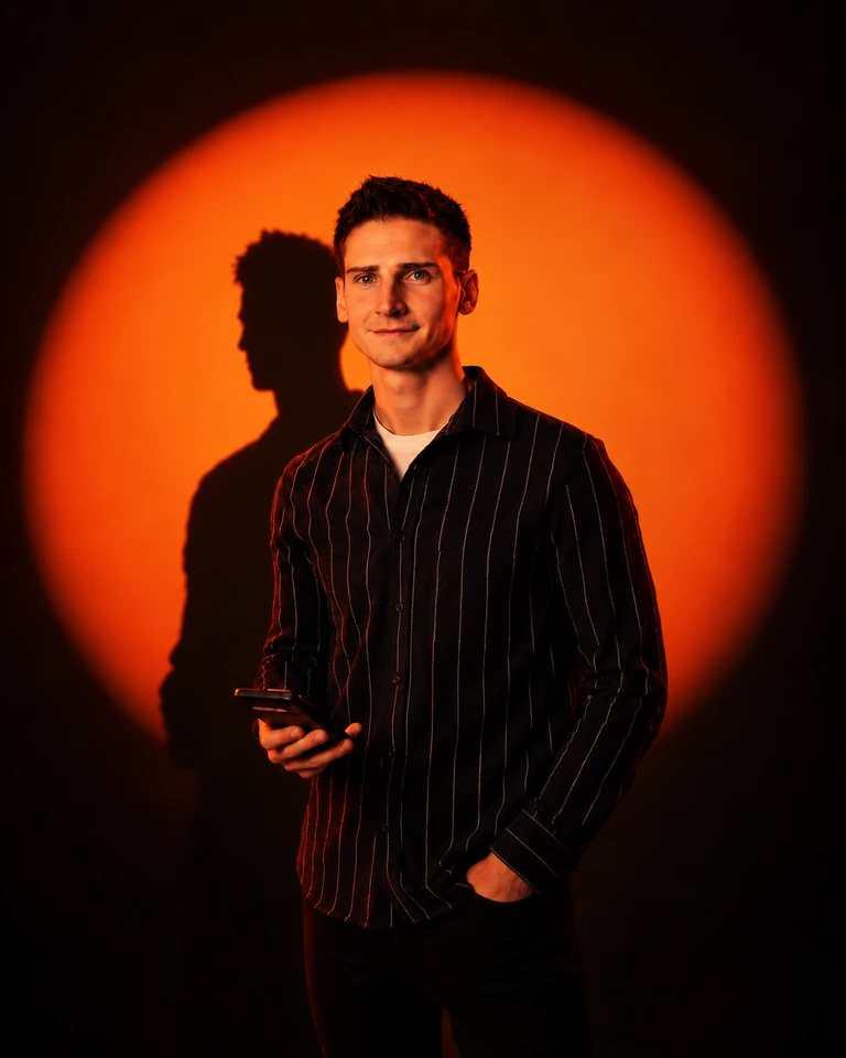 Portrait of Lee standing against an orange-lit background
